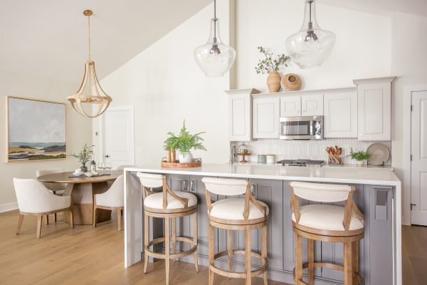 Bar-Height Willow-Grey Island with Gray Mist perimeter cabinets.